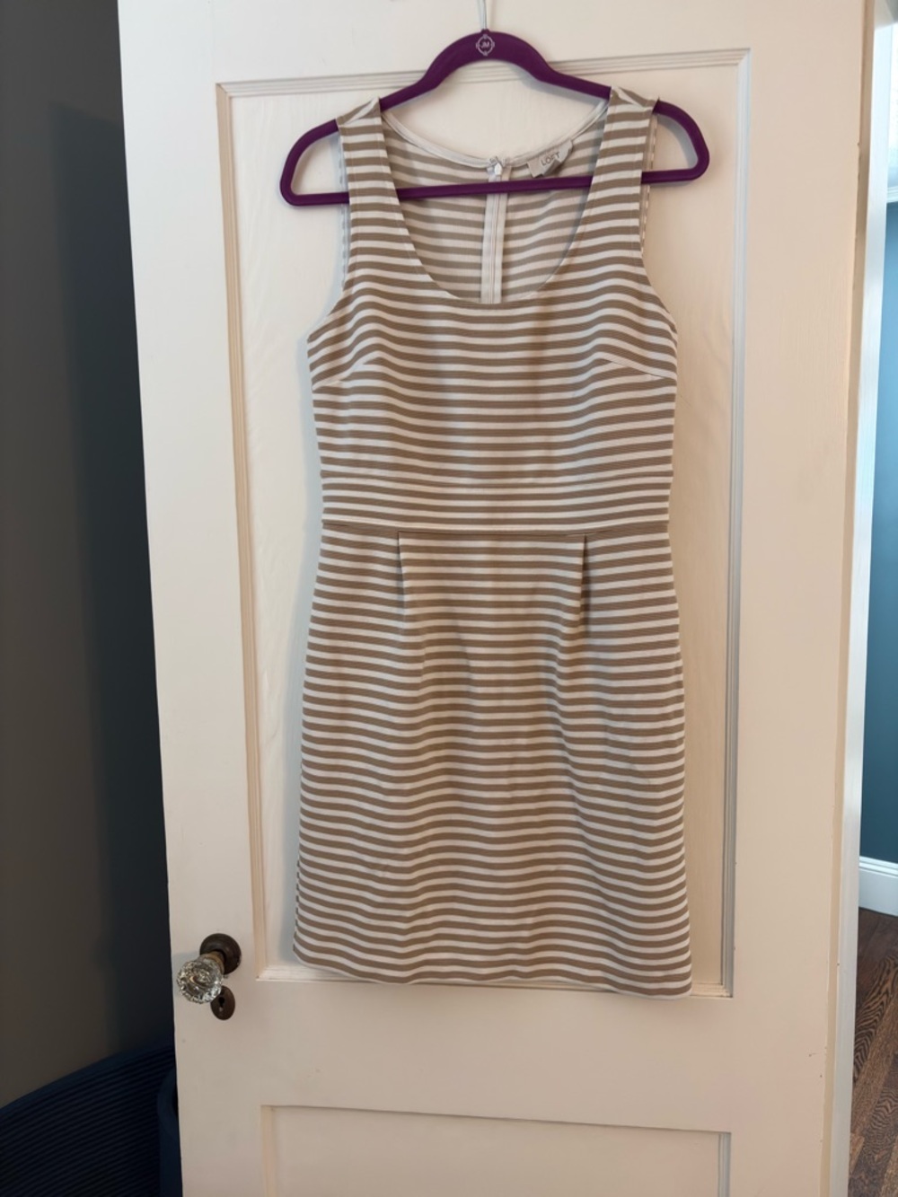 LOFT Tan and White Striped Sleeveless Sheath Dress
